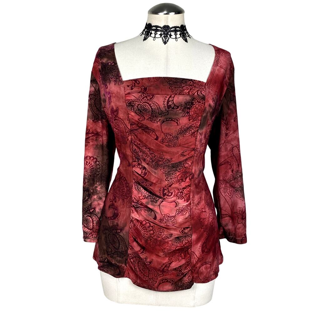 Y2K Style Paisley Ruched Square Neck Boho Whimsigoth Vamp Long Sleeve Blouse XL